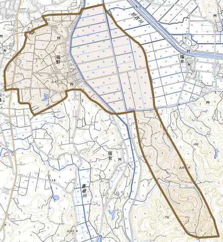 福野とその周辺の地図。町の範囲を重ねている