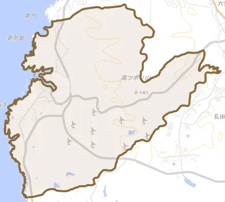 福浦港とその周辺の地図。町の範囲を重ねている