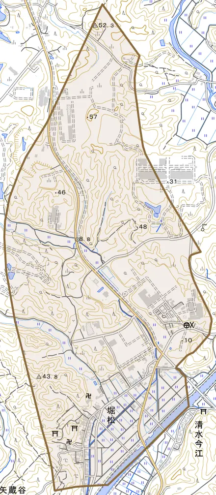 堀松とその周辺の地図。町の範囲を重ねている