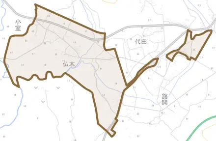 仏木とその周辺の地図。町の範囲を重ねている