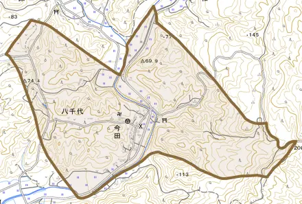 今田とその周辺の地図。町の範囲を重ねている