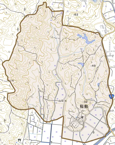 稲敷とその周辺の地図。町の範囲を重ねている