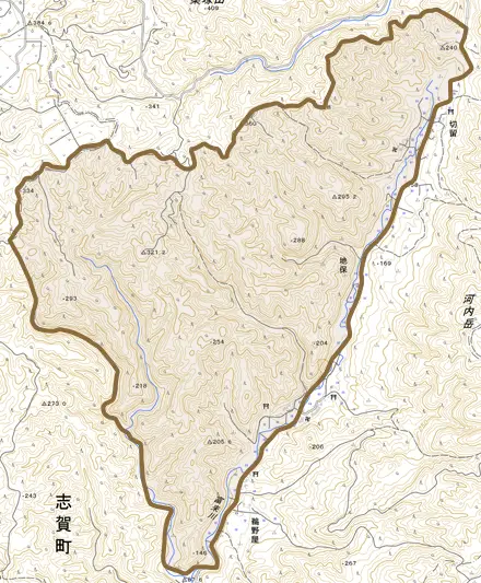 地保とその周辺の地図。町の範囲を重ねている