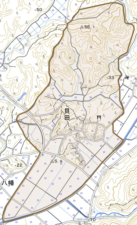 貝田とその周辺の地図。町の範囲を重ねている