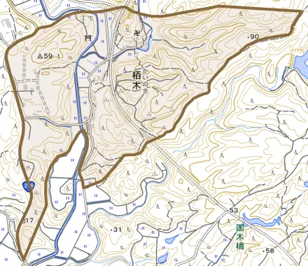 栢木とその周辺の地図。町の範囲を重ねている