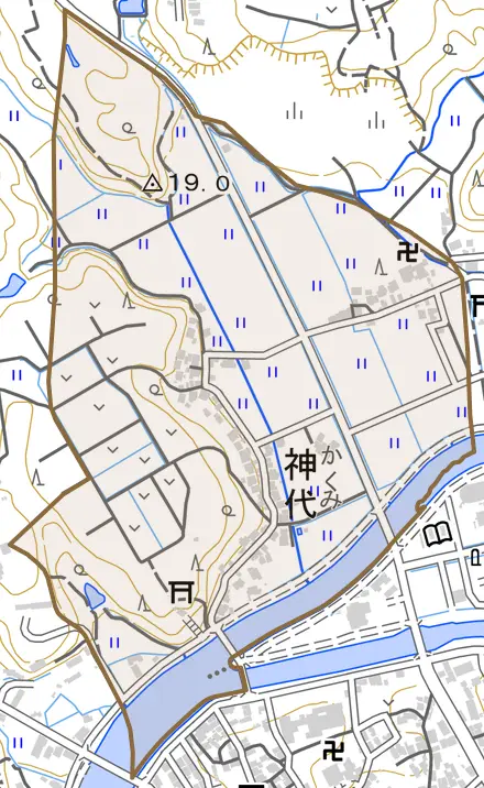 神代とその周辺の地図。町の範囲を重ねている