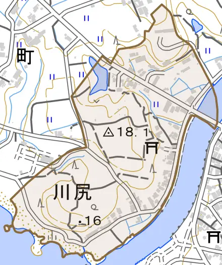 川尻とその周辺の地図。町の範囲を重ねている