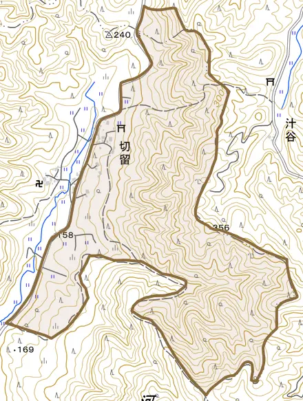切留とその周辺の地図。町の範囲を重ねている