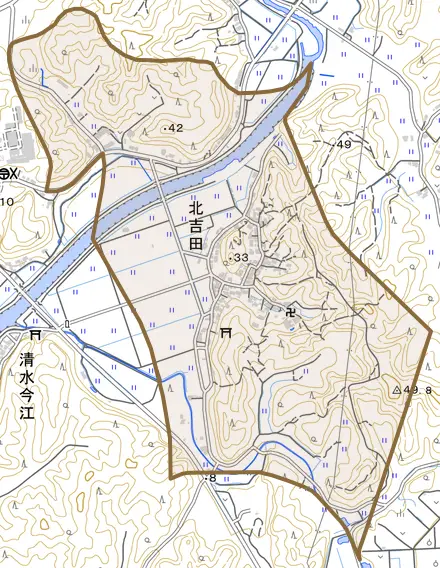 北吉田とその周辺の地図。町の範囲を重ねている