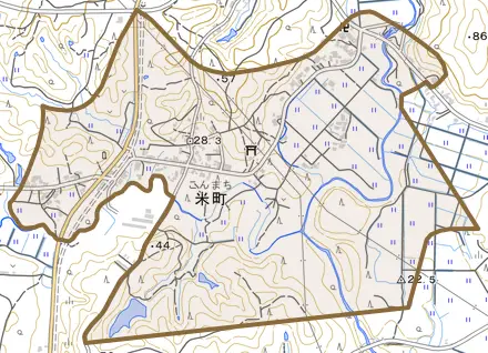 米町とその周辺の地図。町の範囲を重ねている