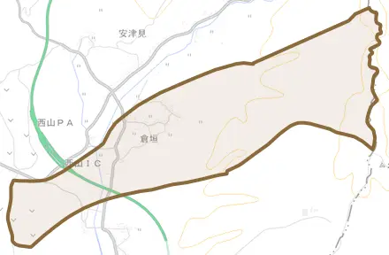 倉垣とその周辺の地図。町の範囲を重ねている