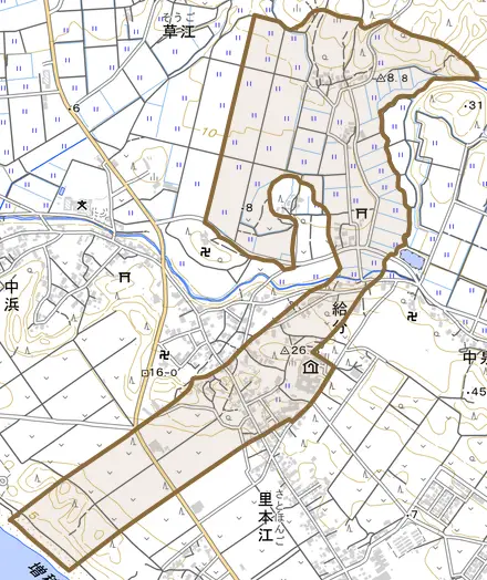 給分とその周辺の地図。町の範囲を重ねている