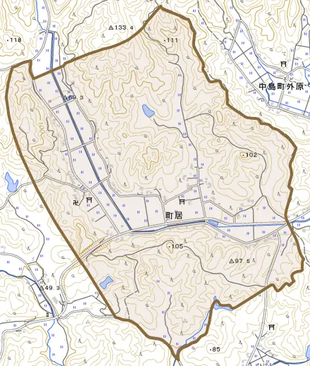 町居とその周辺の地図。町の範囲を重ねている
