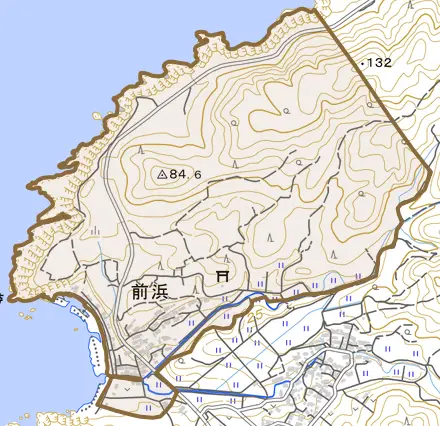 前浜とその周辺の地図。町の範囲を重ねている