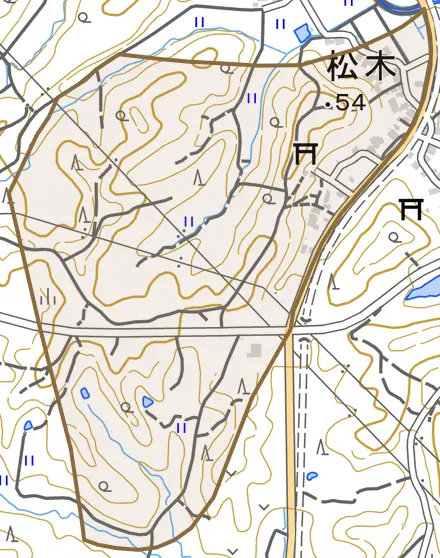 松木とその周辺の地図。町の範囲を重ねている