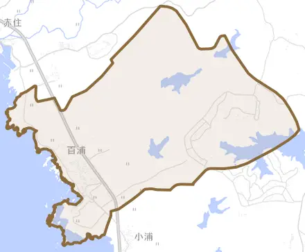 百浦とその周辺の地図。町の範囲を重ねている