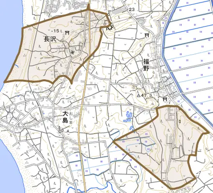長沢とその周辺の地図。町の範囲を重ねている