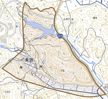 長田とその周辺の地図。町の範囲を重ねている