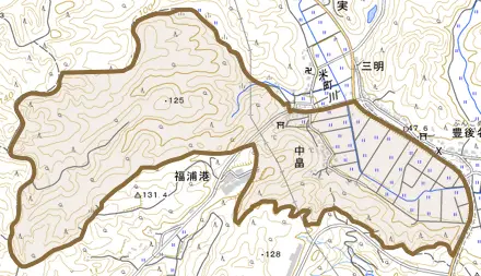 中畠とその周辺の地図。町の範囲を重ねている