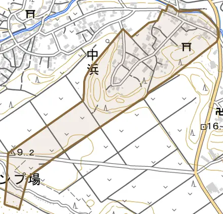 中浜とその周辺の地図。町の範囲を重ねている