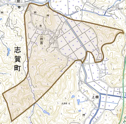 二所宮とその周辺の地図。町の範囲を重ねている