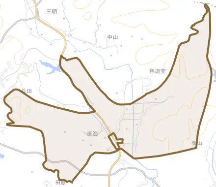 直海とその周辺の地図。町の範囲を重ねている