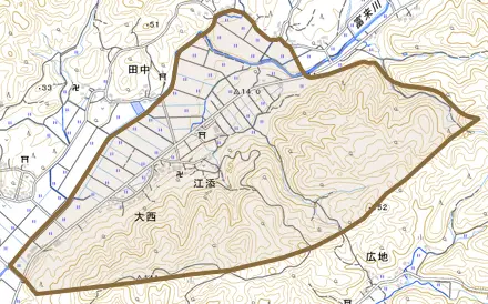 大西とその周辺の地図。町の範囲を重ねている