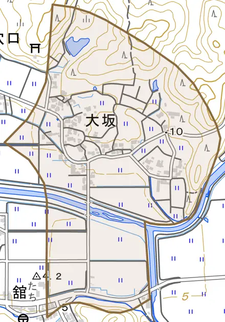 大坂とその周辺の地図。町の範囲を重ねている
