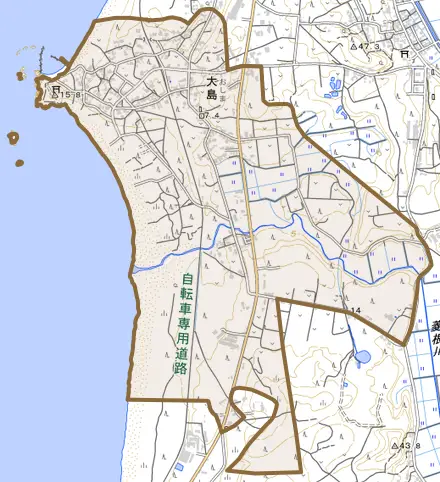 大島とその周辺の地図。町の範囲を重ねている
