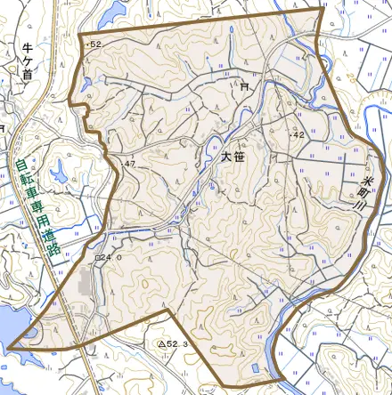 大笹とその周辺の地図。町の範囲を重ねている
