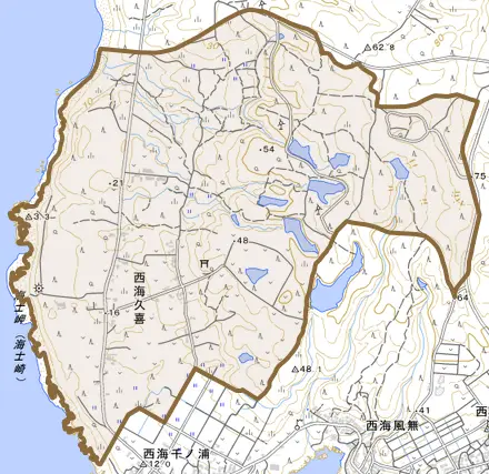 西海久喜とその周辺の地図。町の範囲を重ねている