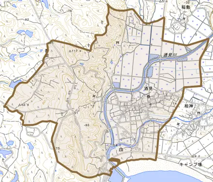 酒見とその周辺の地図。町の範囲を重ねている