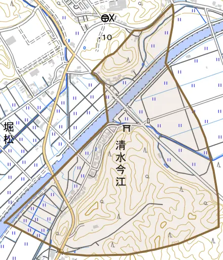 清水今江とその周辺の地図。町の範囲を重ねている