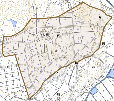 代田とその周辺の地図。町の範囲を重ねている