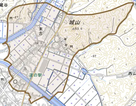 末吉とその周辺の地図。町の範囲を重ねている