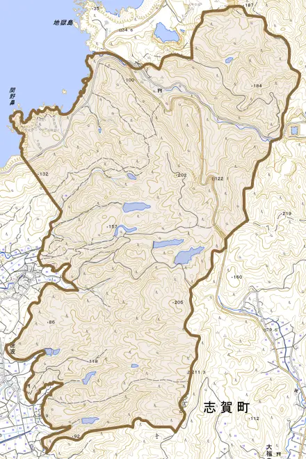 深谷とその周辺の地図。町の範囲を重ねている