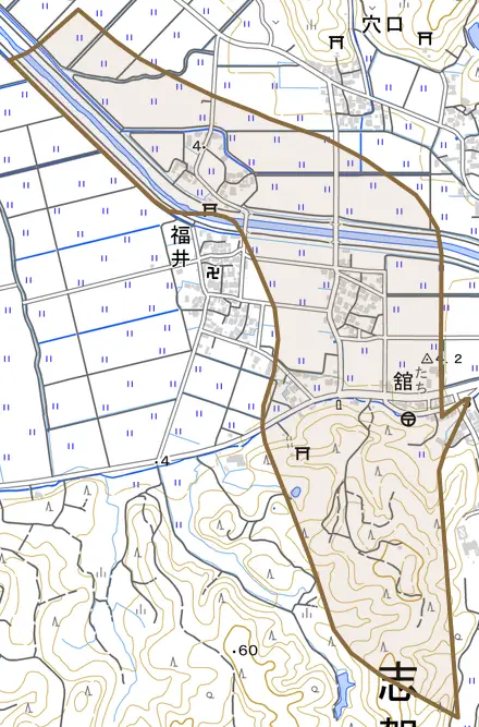 舘とその周辺の地図。町の範囲を重ねている