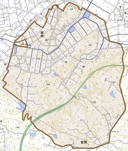 舘開とその周辺の地図。町の範囲を重ねている