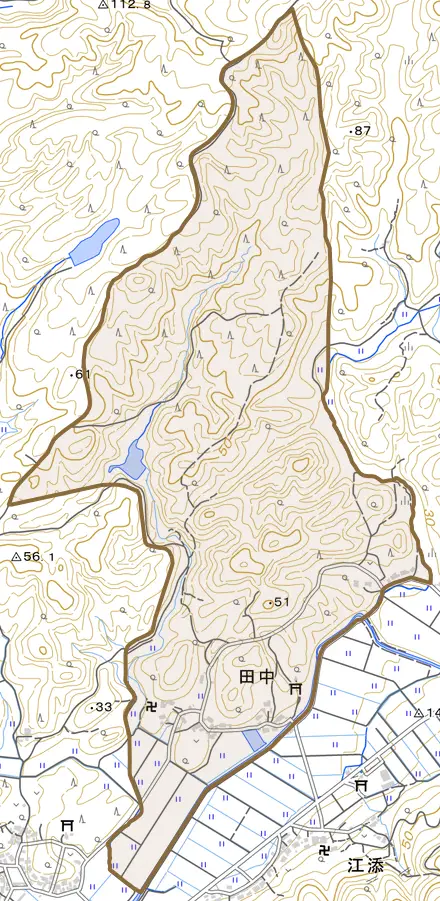 田中とその周辺の地図。町の範囲を重ねている