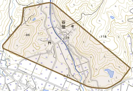 谷屋とその周辺の地図。町の範囲を重ねている
