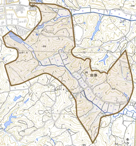 田原とその周辺の地図。町の範囲を重ねている