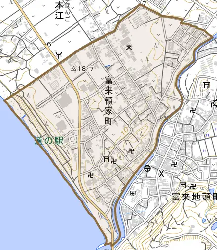 富来領家町とその周辺の地図。町の範囲を重ねている