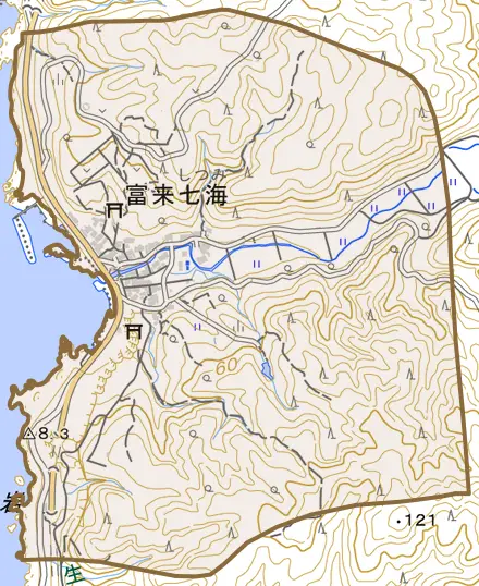 富来七海とその周辺の地図。町の範囲を重ねている