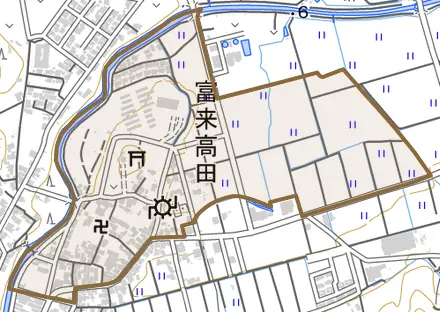 富来高田とその周辺の地図。町の範囲を重ねている
