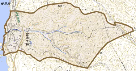 富来生神とその周辺の地図。町の範囲を重ねている