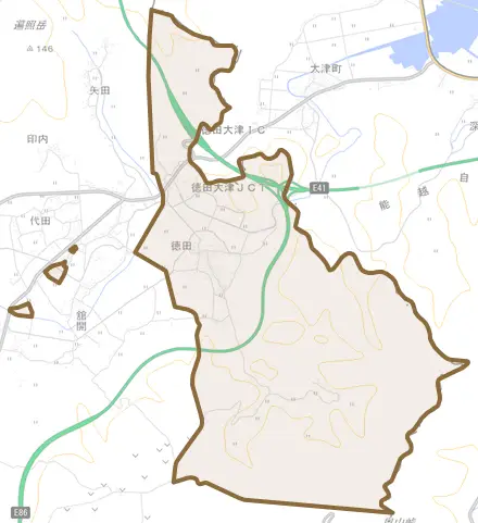 徳田とその周辺の地図。町の範囲を重ねている