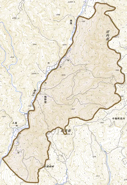鵜野屋とその周辺の地図。町の範囲を重ねている