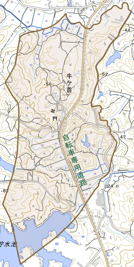 牛ケ首とその周辺の地図。町の範囲を重ねている