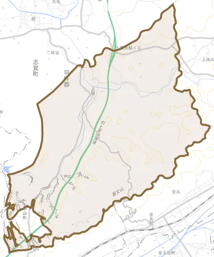 上棚とその周辺の地図。町の範囲を重ねている