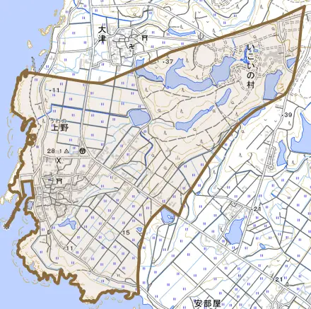 上野とその周辺の地図。町の範囲を重ねている